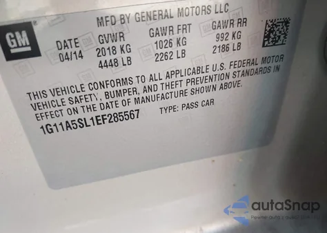 2014 Chevrolet Malibu 1Fl из США, поврежденный, VIN 1G11A5SL1EF285567